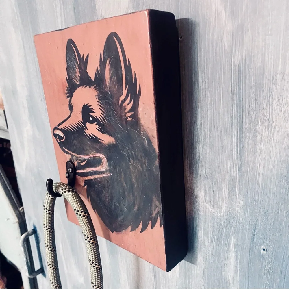 German Shepherd Dog Leash Holder – Heavy Solid Wood Wall Hook Indoor/Outdoor Use